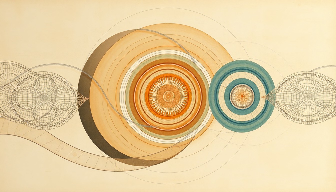 A bold, abstract painting in muted earth tones featuring sweeping geometric shapes, concentric circles, and botanical spirals, conceptually representing the complex scientific forces and potential of wheat biotechnology.