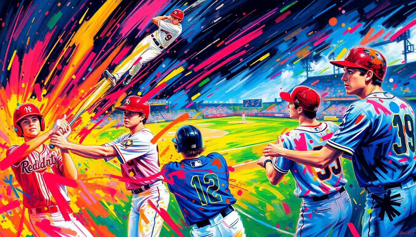 An abstract, expressionist painting featuring vibrant brushstrokes of neon yellow, orange, and blue, capturing the dynamic motion and intensity of a high school baseball game.