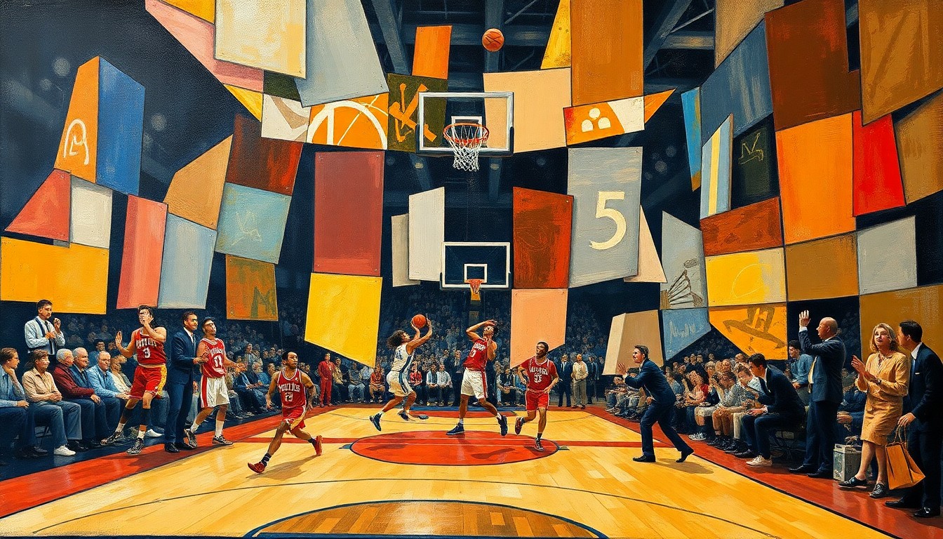 A fragmented, geometric painting depicting the chaotic action of a basketball game, with players and the court rendered in sharp, overlapping planes of color and form.
