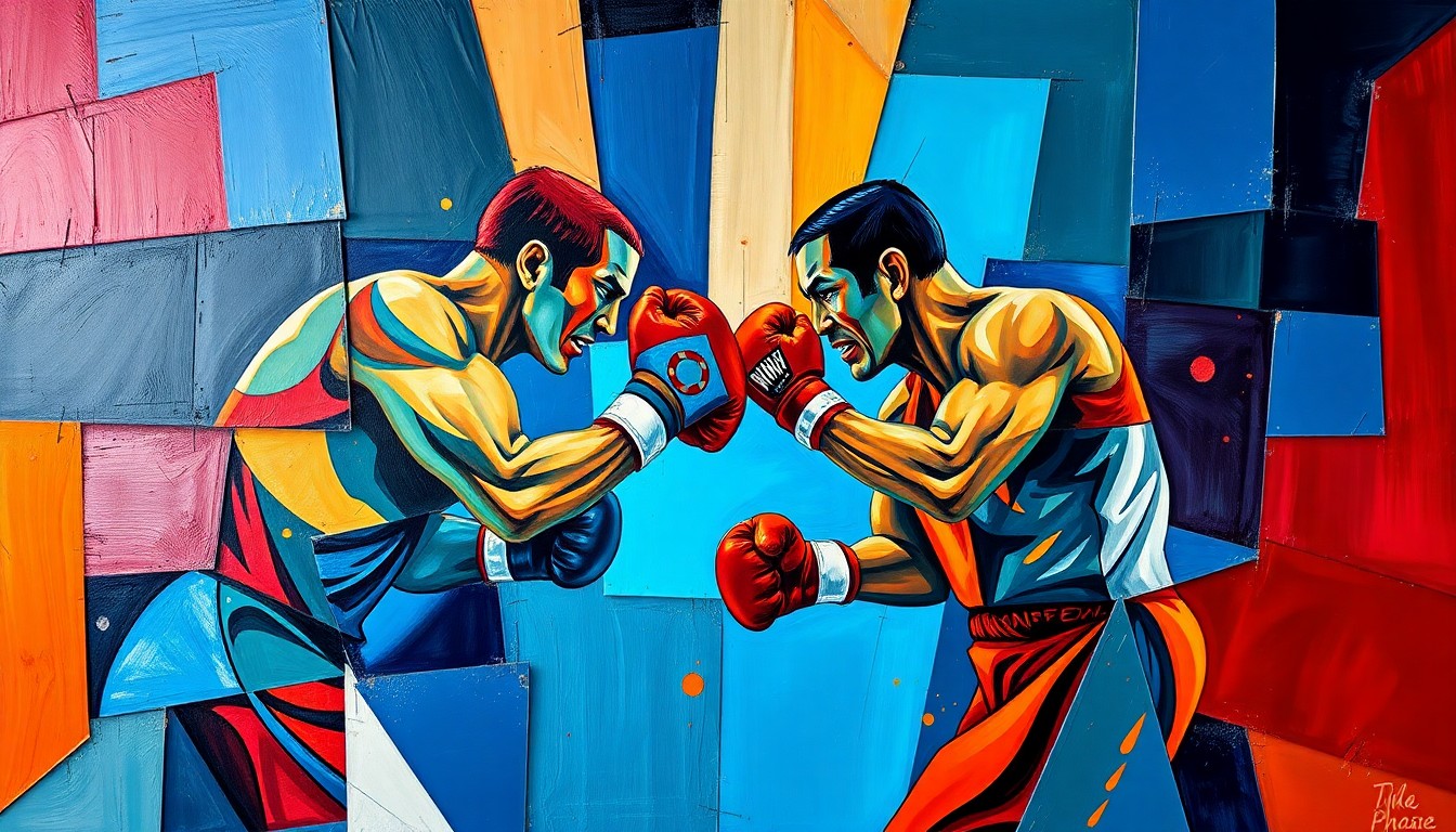 A cubist, geometric painting depicting the chaotic action of a boxing match, with fragmented limbs, torsos, and faces overlapping in a vibrant palette of colors, capturing the intensity and drama of the sport.