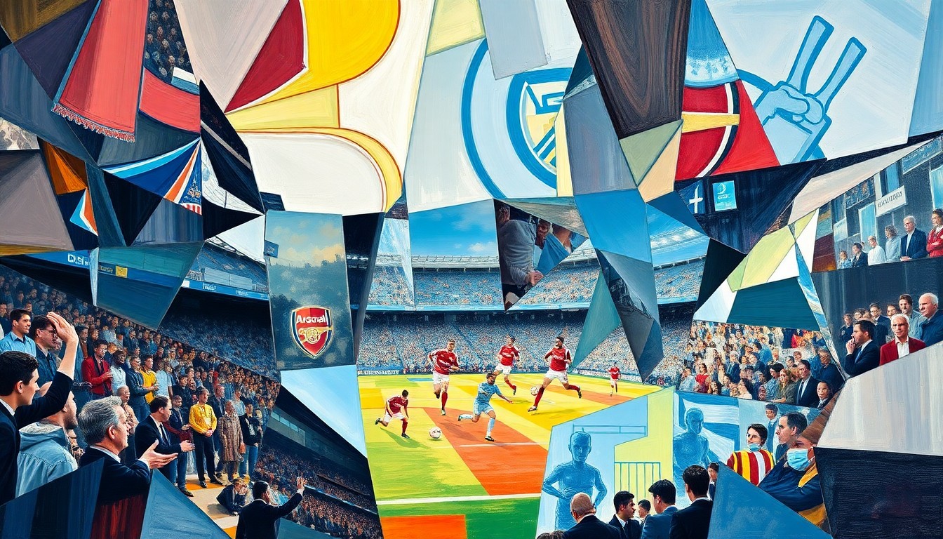 A fragmented, geometric painting depicting the intense action and competing perspectives of an Arsenal vs. Manchester City Premier League match, capturing the conceptual tension and drama of the pivotal game.