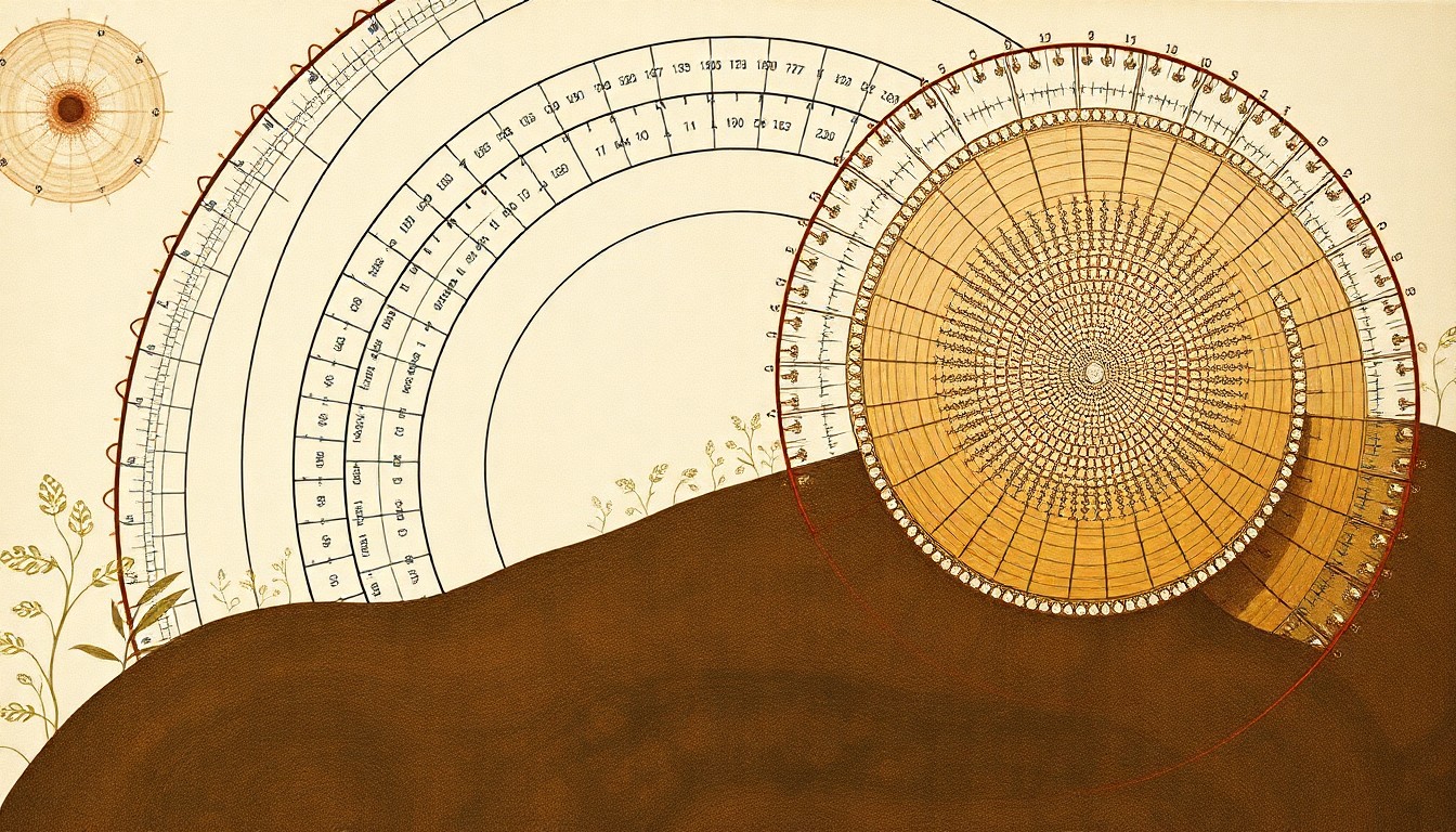 A bold, abstract painting featuring sweeping geometric arcs, concentric circles, and precise botanical spirals in earthy tones, conceptually representing the complex interactions between cover crops, soil microbes, and nutrient cycling in a healthy agricultural ecosystem.