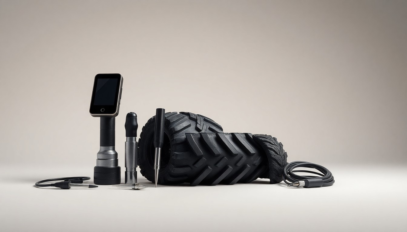 A high-end, photorealistic studio still-life photograph featuring a collection of precision farming tools and sensors, including a GPS receiver, soil moisture probe, and tractor tire tread, arranged elegantly on a clean, monochromatic background to represent the abstract concepts of data-driven, sustainable agriculture.