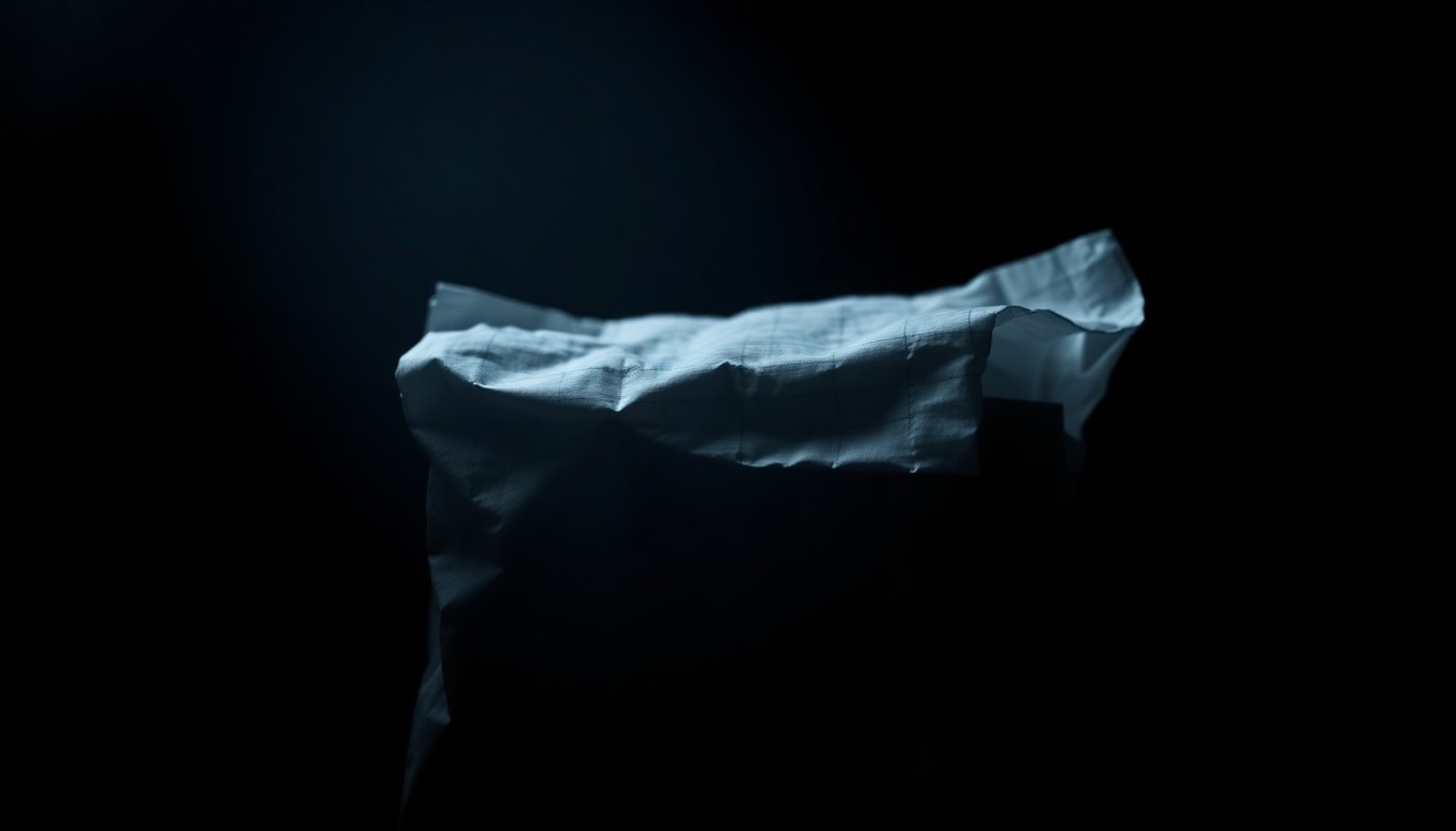An extreme close-up photograph of a crumpled police evidence bag, capturing the stark, gritty aesthetic of a crime scene investigation.