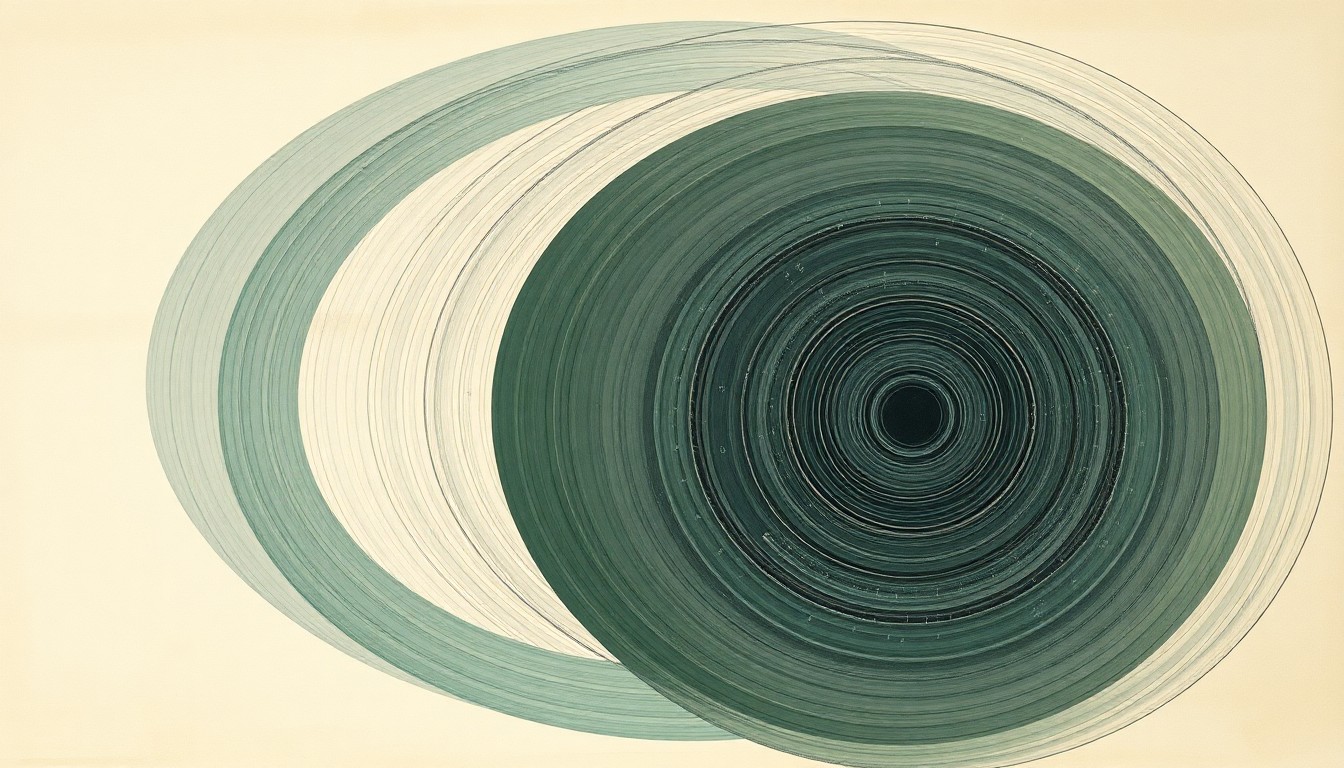 A highly structured abstract painting in soft, earthy tones featuring sweeping geometric arcs, concentric circles, and precise botanical spirals, conceptually representing the complex scientific principles and natural cycles underlying sustainable no-till agriculture.