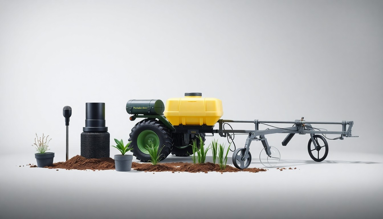 A high-end, photorealistic studio still-life photograph featuring a selection of precision farming tools and equipment, including a soil moisture sensor, a GPS-guided sprayer, and a strip-till implement, arranged elegantly on a clean, monochromatic seamless background, conceptually representing the abstract concepts of sustainable agriculture, water conservation, and technological innovation.