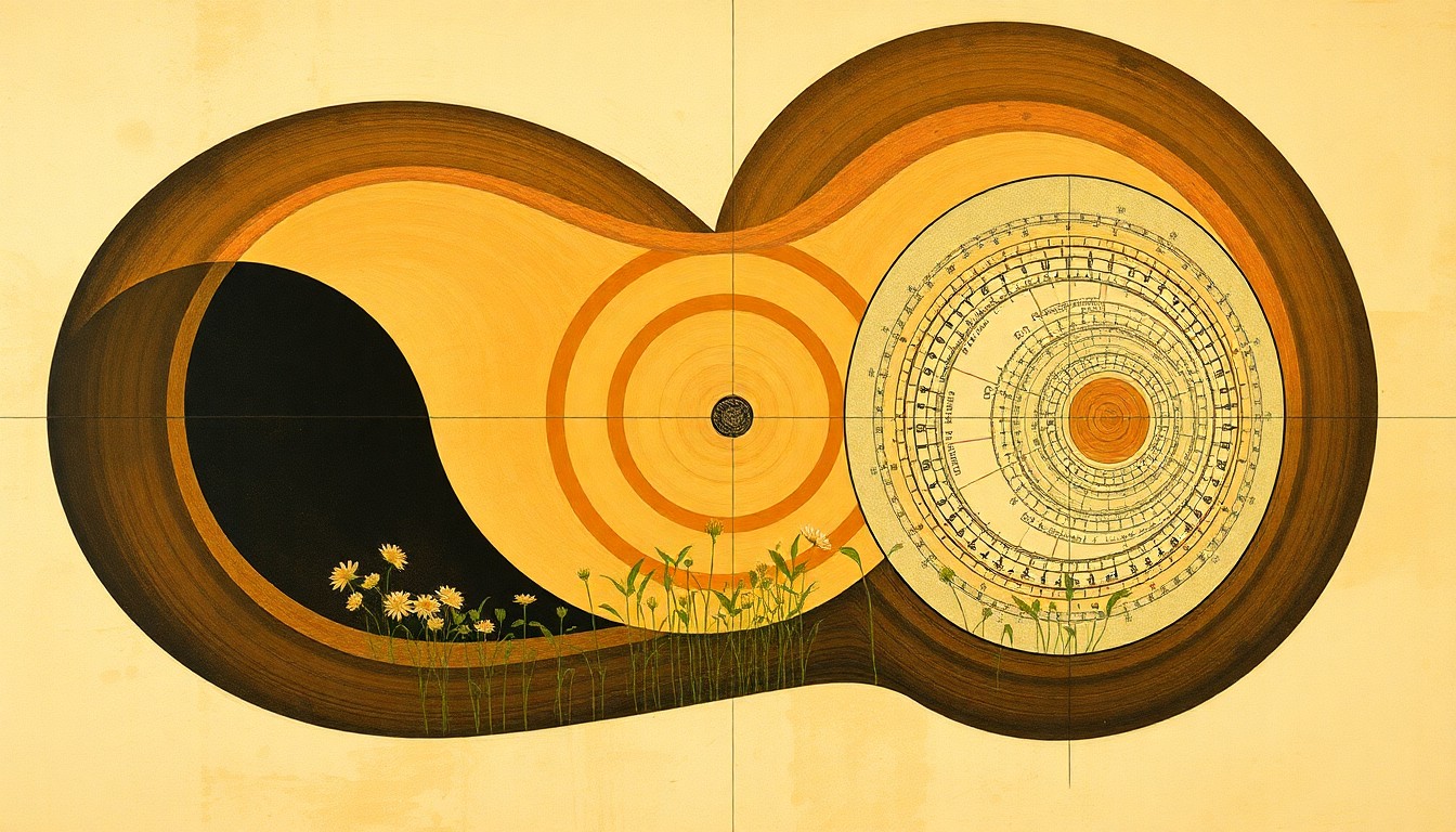 A bold, abstract painting in soft earth tones featuring sweeping geometric shapes, concentric circles, and precise botanical spirals, conceptually representing the complex interplay of precision agricultural sensors, targeted herbicide application, and sustainable weed management.