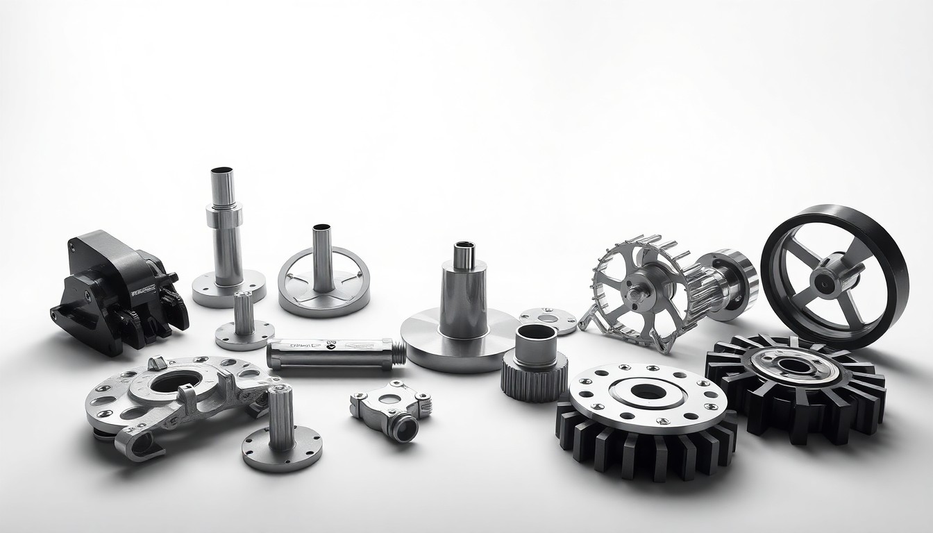 A high-end studio still life photograph featuring a collection of polished, premium no-till farming equipment components such as row cleaners, fertilizer openers, and gauge wheels, arranged elegantly on a clean, monochromatic background and lit dramatically to showcase their precision engineering and innovative design.