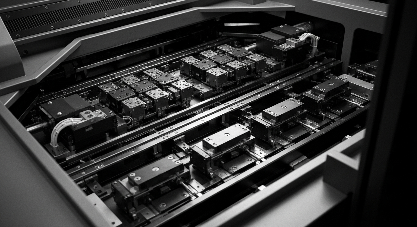 A high-contrast, black and white close-up photograph of the intricate inner workings and components of a semiconductor fabrication tool, conveying the complex, industrial nature of modern chip manufacturing technology.