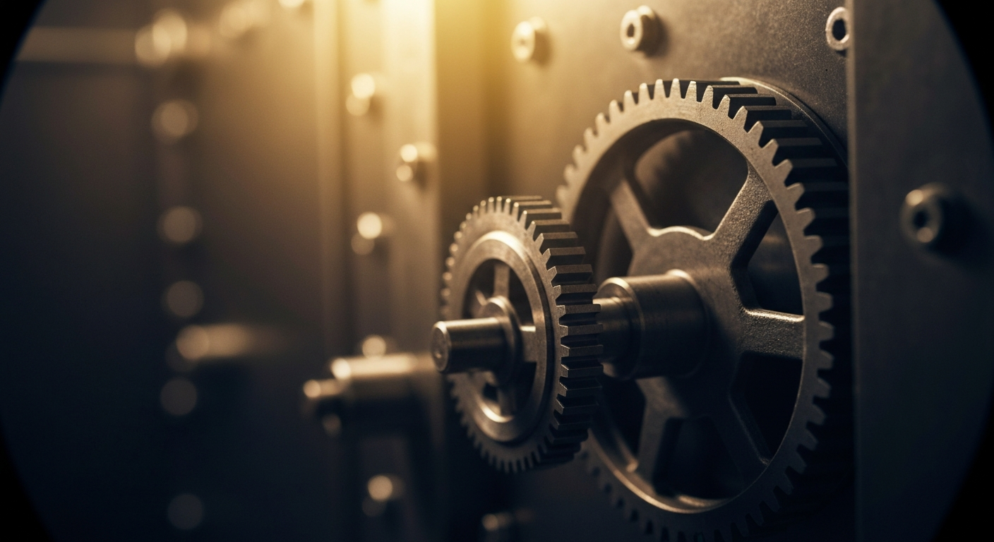 An extreme close-up of the complex, industrial machinery of a bank vault door, conveying a sense of financial security and institutional strength without using any literal currency or banking symbols.