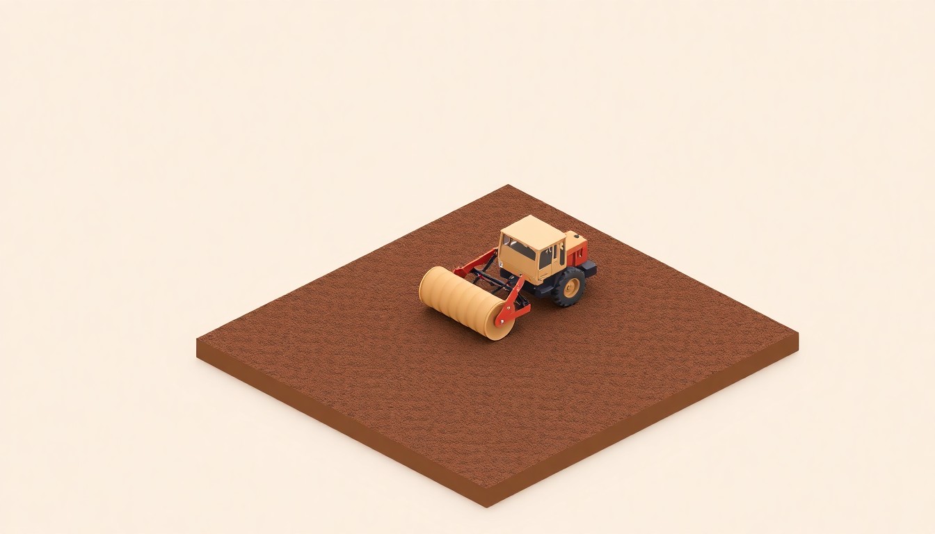 A clean, minimalist isometric 3D illustration depicting a land roller passing over a no-till farm field, creating a smooth, even surface to enhance seed germination and stand consistency.