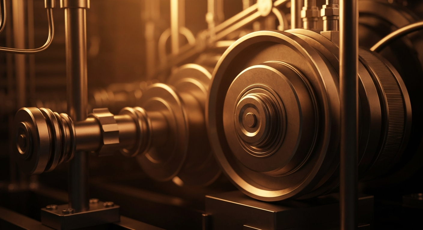 An extreme close-up of heavy, polished metal gears and levers from a modern banking or investment management system, representing the complex infrastructure that enables the flow of capital and institutional investment.