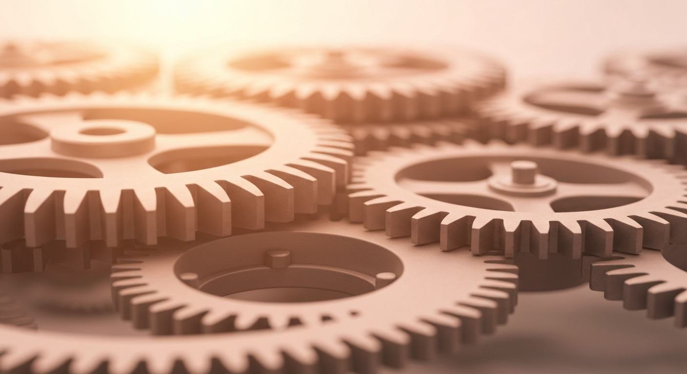 An extreme close-up of a complex array of metal gears and machinery, representing the intricate financial infrastructure and institutional investment in the semiconductor industry.