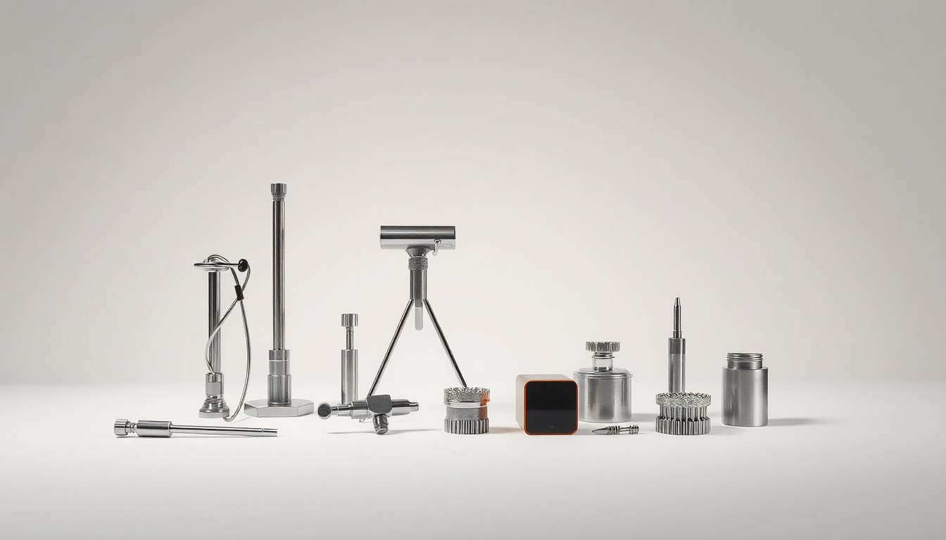 A high-end, photorealistic studio still-life photograph featuring a collection of precision farming tools and sensors arranged elegantly on a clean, monochromatic background, representing the data-driven, technology-enabled nature of the farmer's operation.