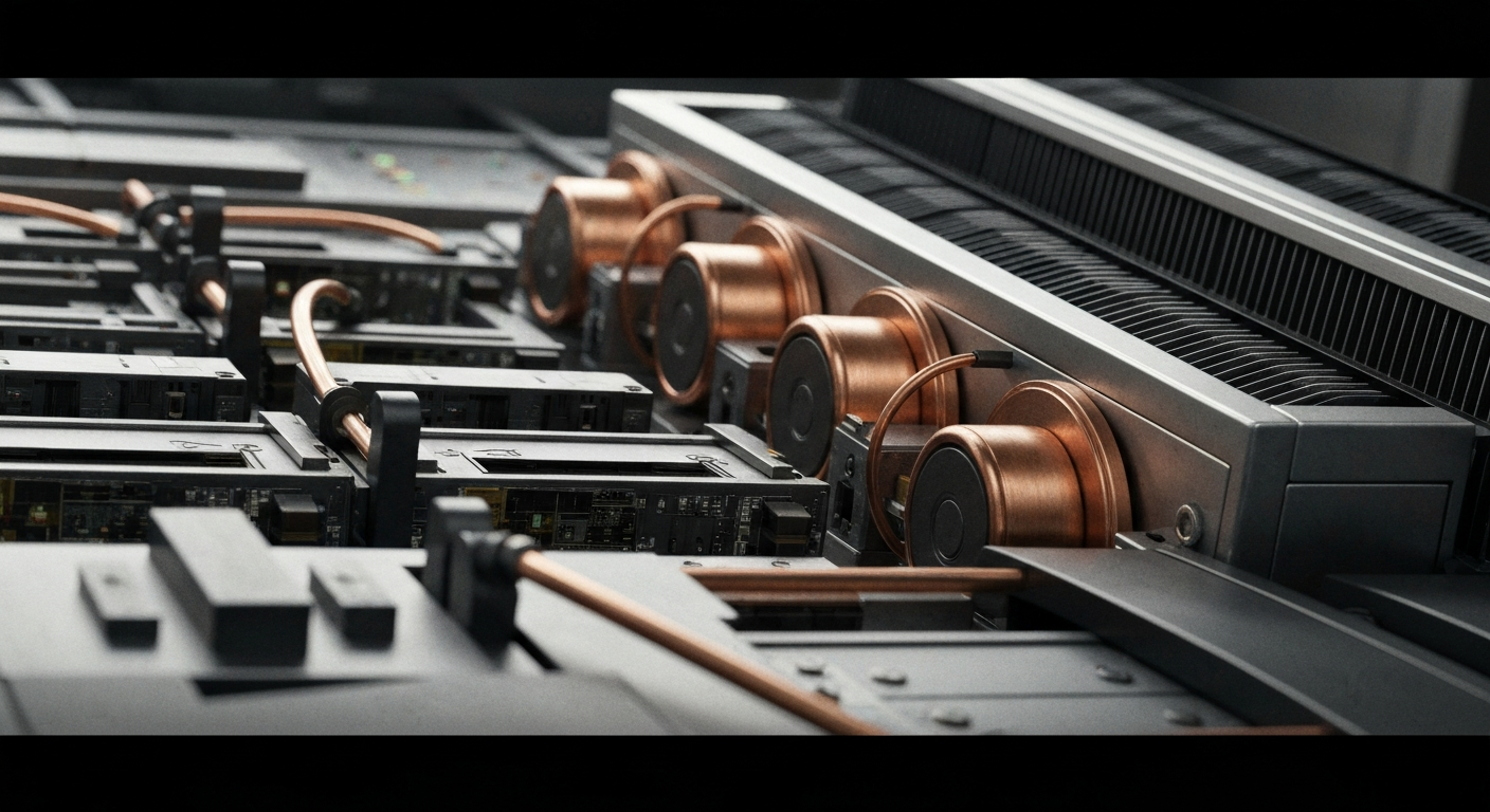 An extreme close-up of various banking machinery and computer hardware components, conveying a sense of the complex financial infrastructure that powers large banking institutions.