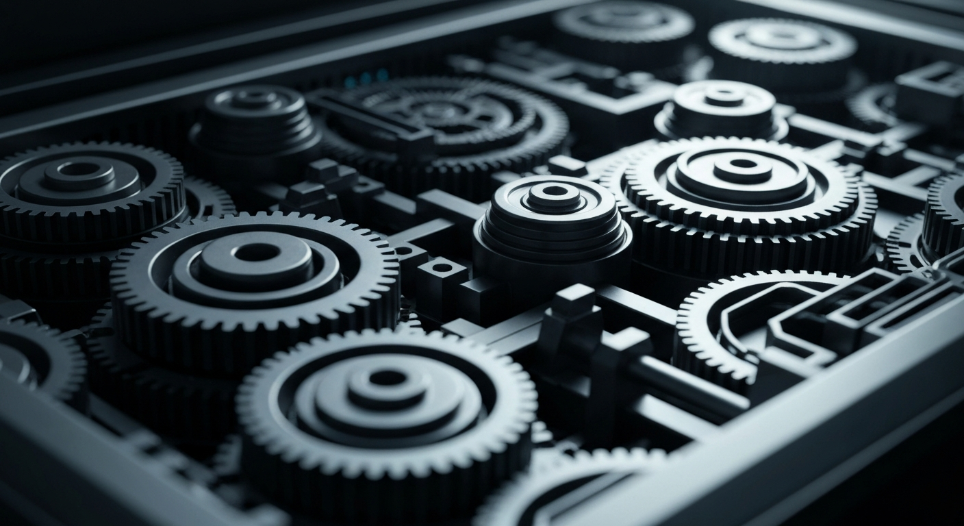 An extreme close-up of the inner workings of a high-tech banking computer server, with gears, circuits, and metallic components filling the frame, conceptually representing the complex financial infrastructure supporting Netflix's growth.