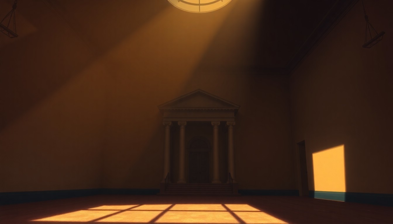 A serene, cinematic painting of a government building or public meeting space, with warm lighting and deep shadows, conveying a sense of quiet reflection on the legacy of a respected local leader.