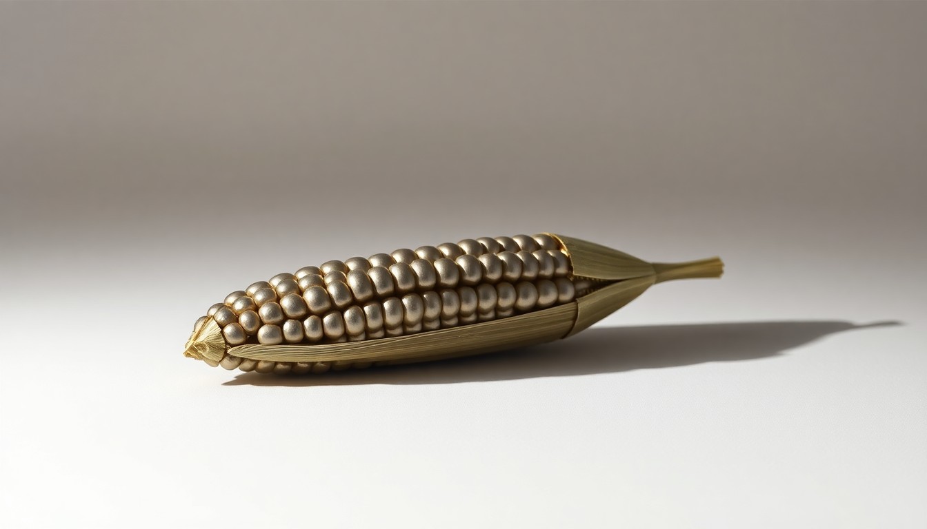 A photorealistic studio still life of a single, polished metal corn seed pod resting on a clean, monochromatic background, dramatically lit to represent the innovative technology and potential profitability of the YieldGard VT Triple product.