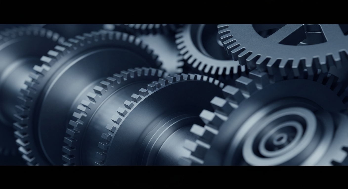 An extreme close-up of heavy, industrial-looking financial machinery and mechanisms, conveying the complex, behind-the-scenes operations of institutional investment management without using any text or identifiable elements.