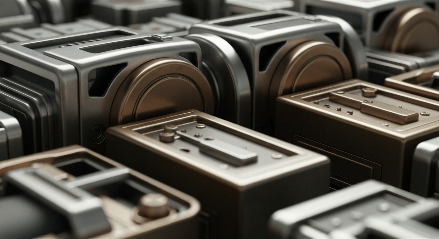 An extreme close-up of gleaming, industrial banking equipment and machinery, conveying the secure, powerful nature of the financial industry without using any text or identifiable elements.