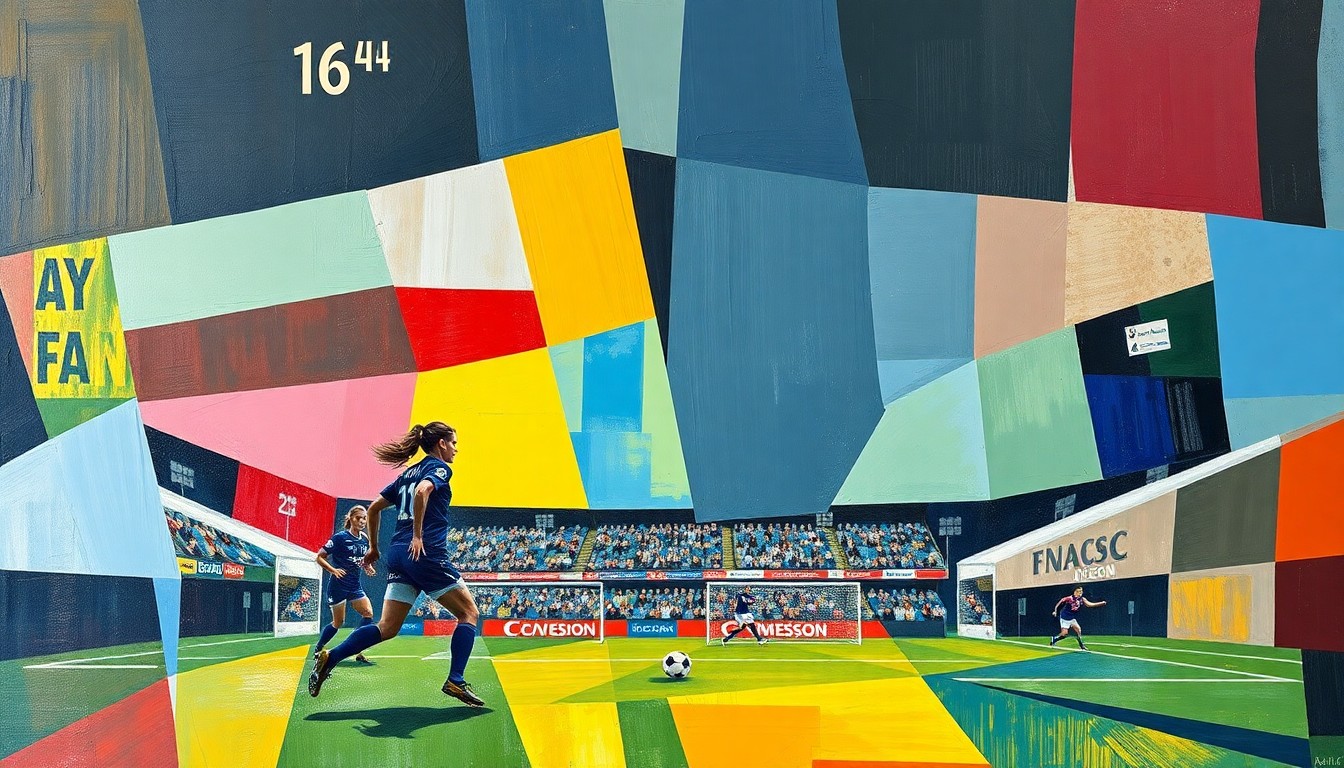 A fractured, geometric painting depicting a women's soccer match, with sharp, overlapping planes of color and form representing the diverse playing styles and tactical experimentation of the two teams.