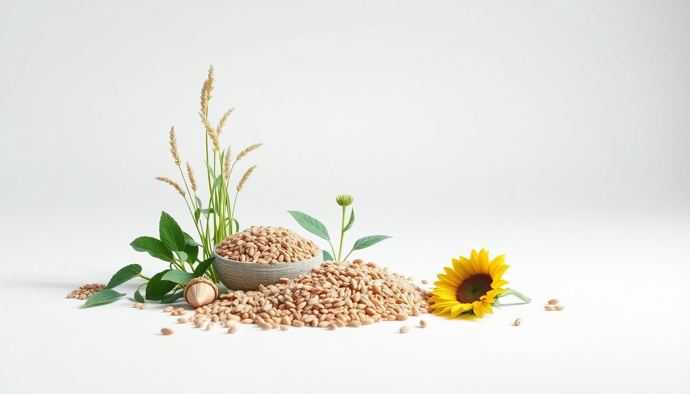 A high-end, photorealistic studio still-life photograph featuring a collection of polished cover crop seeds, including cereal rye, clover, and sunflower, arranged elegantly on a clean, monochromatic background, conceptually representing the abstract idea of diverse cover cropping strategies.
