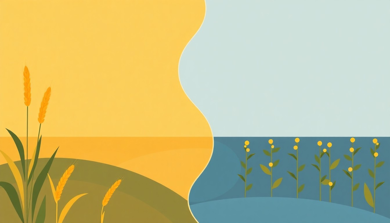 A vibrant abstract composition of overlapping triangles and circles in shades of yellow, blue, and red, conceptually representing the economic factors behind double-cropping wheat and soybeans.