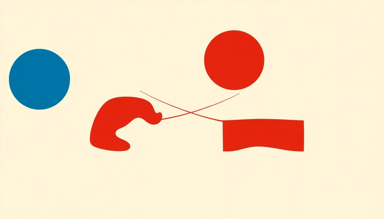 A bold, abstract composition of intersecting geometric shapes in shades of blue, red, and yellow, conceptually representing the volatility and competing forces within the global energy market.