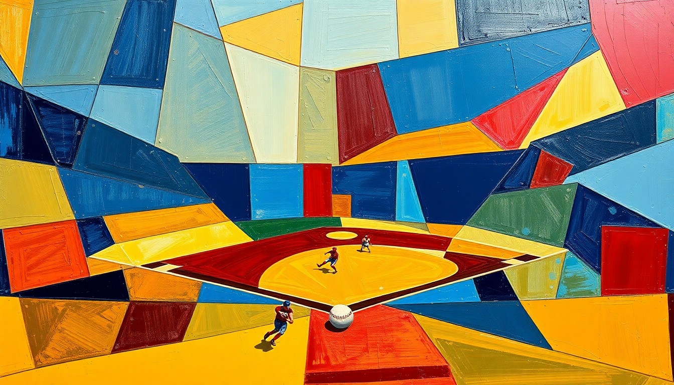 A cubist-style painting featuring overlapping geometric shapes and planes in navy blue, gold, and crimson red, capturing the dynamic energy and movement of a softball game.