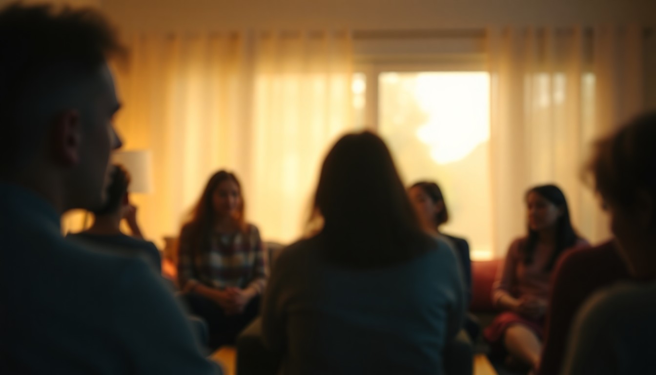 An extremely abstracted, out-of-focus photograph of a group of people sitting in a living room, their faces and surroundings blurred into soft, warm pools of color, conceptually representing the mindful, screen-free gatherings of the 'attention activism' movement.