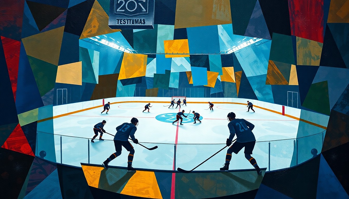 A cubist, geometric painting depicting a youth hockey game, with the players and rink broken down into abstract shapes and planes of color.
