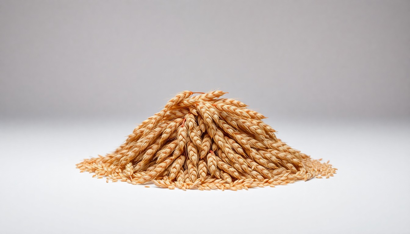 A close-up photograph of a pile of golden wheat grains on a plain white background, conveying the idea of improved agricultural productivity through sustainable farming methods.
