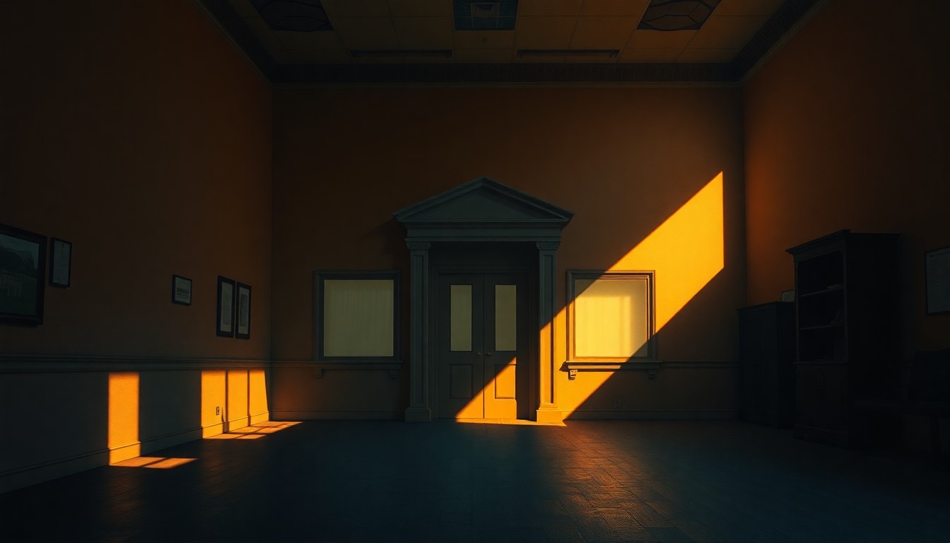 A serene, cinematic painting of a government office building or workspace, with warm sunlight streaming through the windows and deep shadows enveloping the scene, conveying a sense of the weighty, imposing nature of the federal regulatory apparatus.