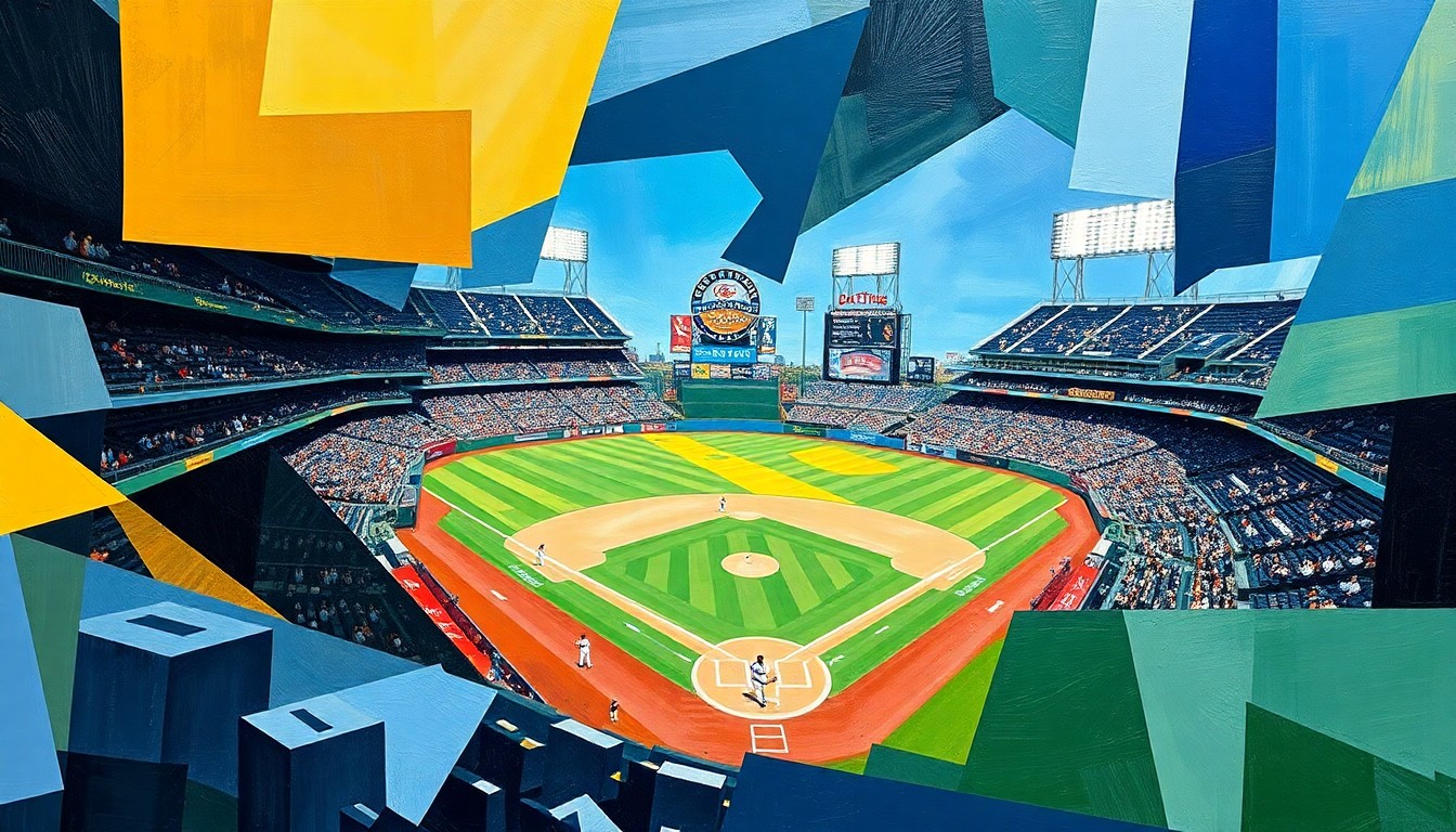 A fractured, multi-perspective painting depicting a baseball game between the Pittsburgh Pirates and Tampa Bay Rays, with the players, field, and stadium broken down into sharp, overlapping geometric shapes and planes of vibrant color.
