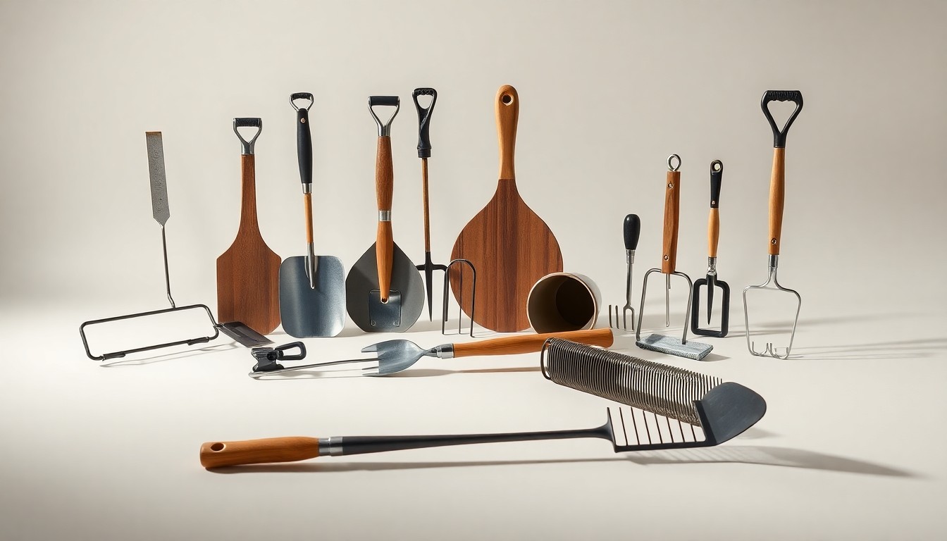 A high-end, photorealistic studio still-life photograph featuring a collection of polished, geometric farming tools and equipment arranged elegantly on a clean, monochromatic background, conceptually representing the Bottens' commitment to innovative, sustainable agriculture.