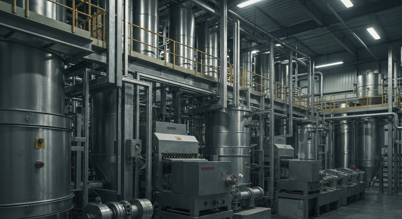 An extreme close-up of the gears, levers, and other industrial components that make up the complex machinery of a large-scale food processing facility, conveying the scale and sophistication of Campbell's operations.