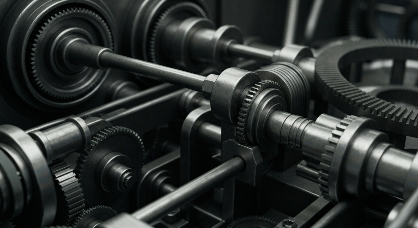 An extreme close-up of the intricate, heavily textured mechanical components of an industrial machine, conveying the complex financial infrastructure and machinery of the banking and investment sectors.