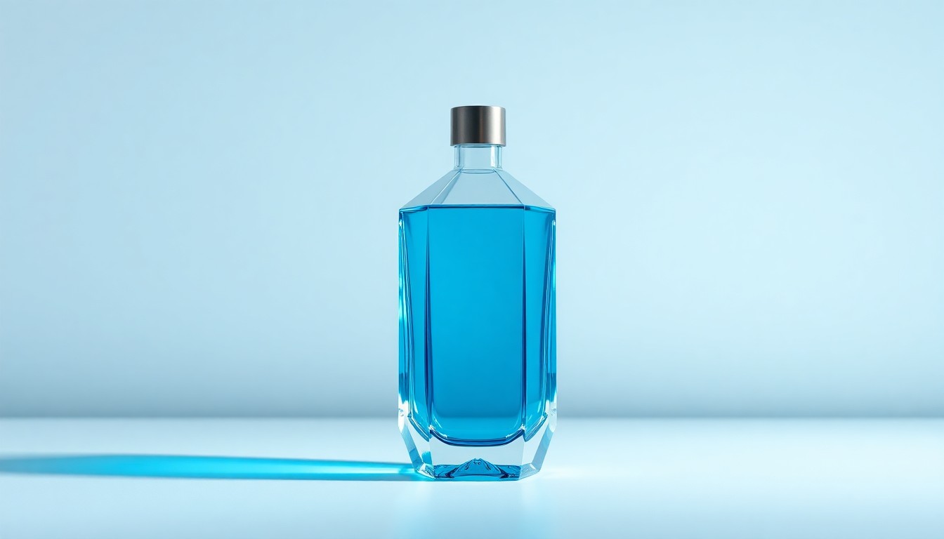 A high-end, photorealistic studio still-life photograph featuring a polished, geometric glass bottle filled with a vibrant blue liquid, representing the premium wellness and spa products offered by OneSpaWorld. The bottle is placed on a clean, monochromatic seamless background, using sharp, dramatic studio lighting and deep shadows to convey a sense of sophistication and exclusivity.