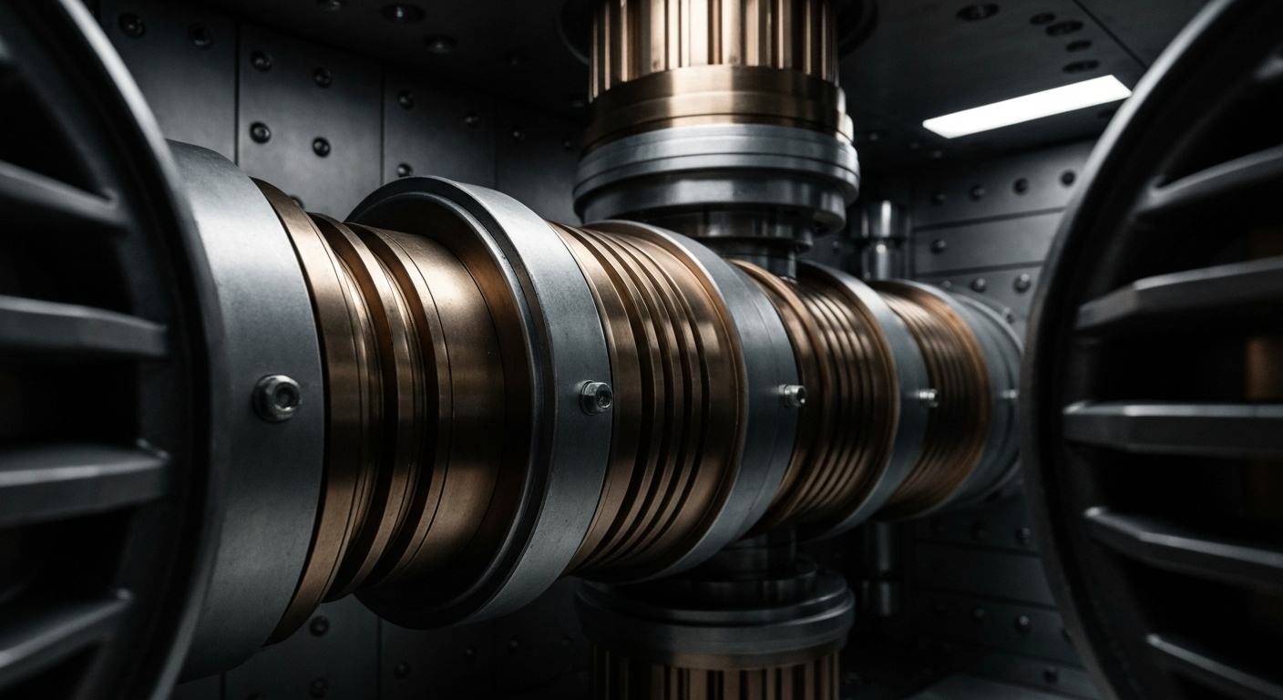An extreme close-up of intricate, industrial-looking banking equipment and mechanisms, conveying a sense of the company's financial security and stability.
