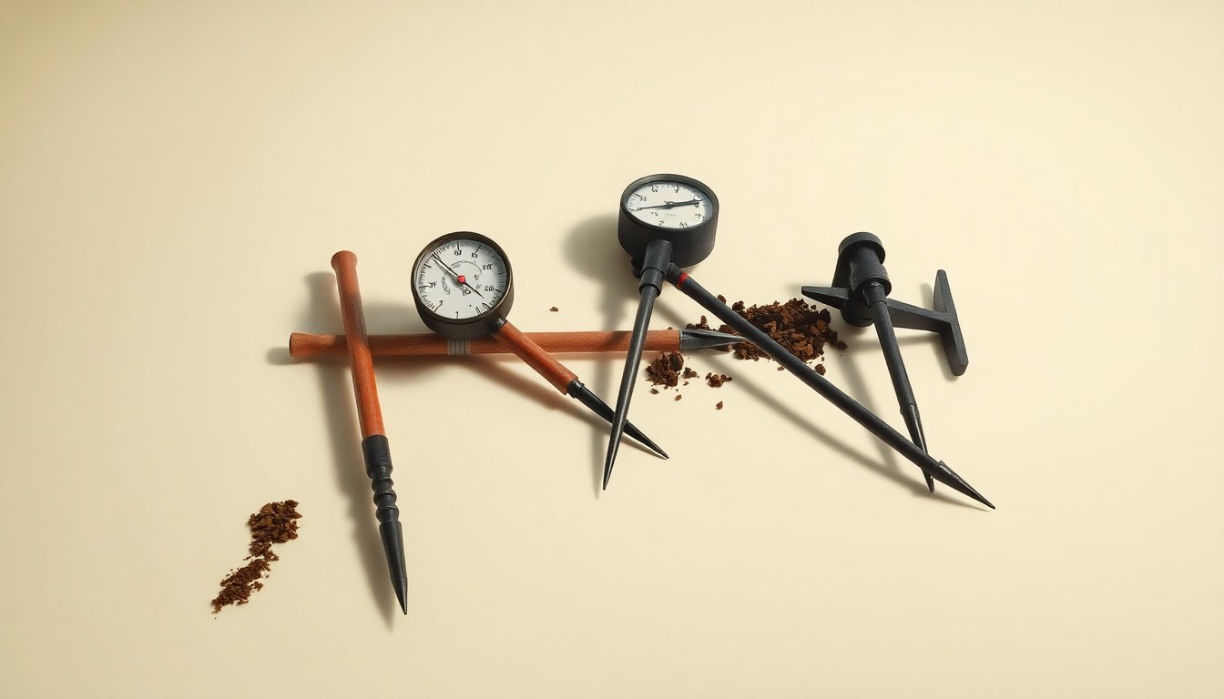 A photorealistic studio still-life featuring a carefully arranged set of farm tools and irrigation equipment, including a rain gauge, soil probe, and furrow opener, all resting on a clean, monochromatic background and dramatically lit to conceptually represent sustainable farming practices.