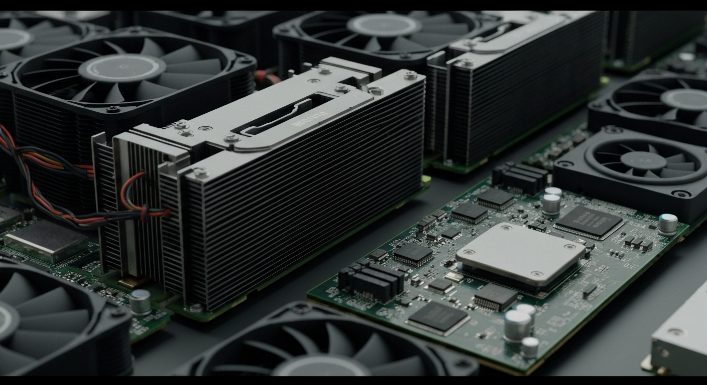 A close-up, cinematic view of NVIDIA's GPU hardware components, including circuit boards, heat sinks, and cooling fans, conveying the power and complexity of the company's cutting-edge technology.