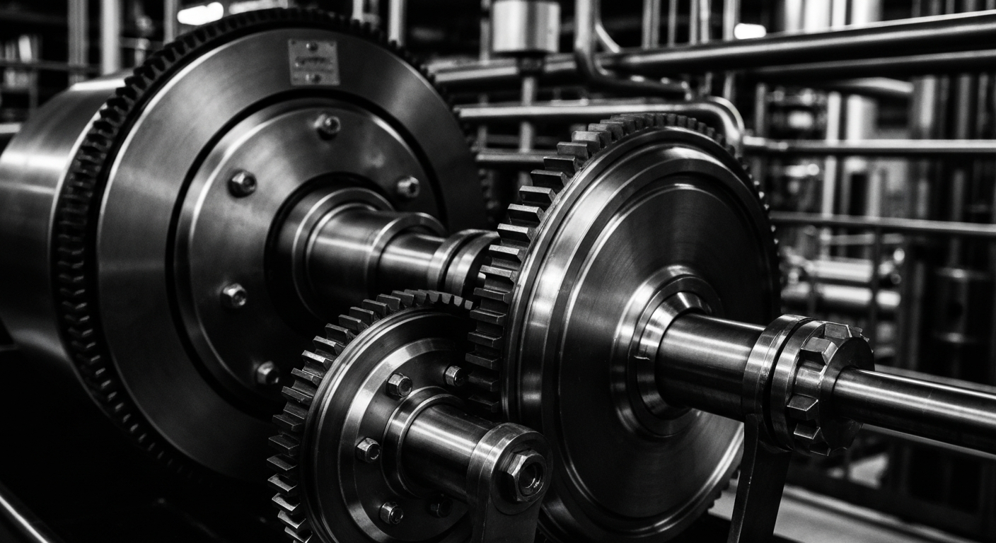 A high-contrast black and white close-up image of the gears, pipes, and mechanisms of an industrial pharmaceutical manufacturing plant, conveying the complex financial and operational infrastructure of a major healthcare company.