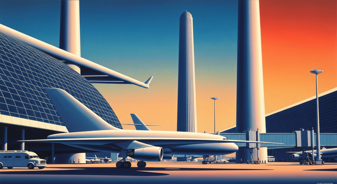 A highly stylized, geometric illustration depicting the grand scale and sweeping forms of an airport terminal or aircraft, conveying the conceptual impact of rising fuel prices on air travel.