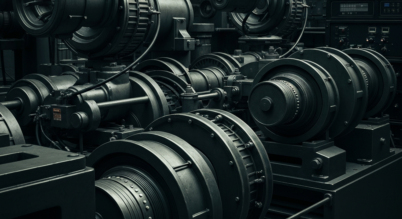 A highly detailed, black-and-white close-up image of broadcasting equipment and machinery, conveying the industrial power and scale of modern media production.