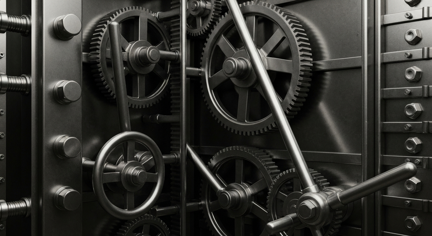 A highly detailed, black-and-white close-up image of the gears, levers, and mechanisms that make up the inner workings of a large, industrial-scale bank vault or safe deposit box, conveying a sense of financial security and institutional power through its heavy, metallic components.