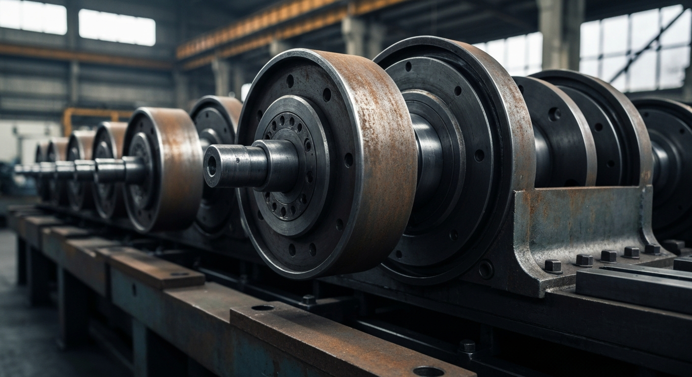 An extreme close-up of interlocking gears, levers, and metal components that make up the heavy machinery used to sort, store, and distribute automotive parts, conveying the industrial scale and complexity of Genuine Parts' operations.