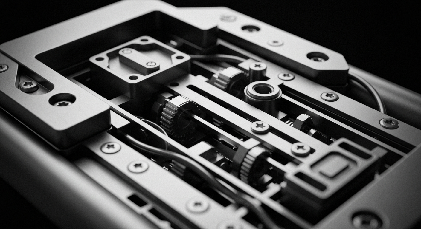 An extreme close-up of the complex internal mechanisms and sensors of a continuous glucose monitoring device, rendered in a high-contrast, industrial style that emphasizes the precision engineering and advanced technology behind DexCom's products.