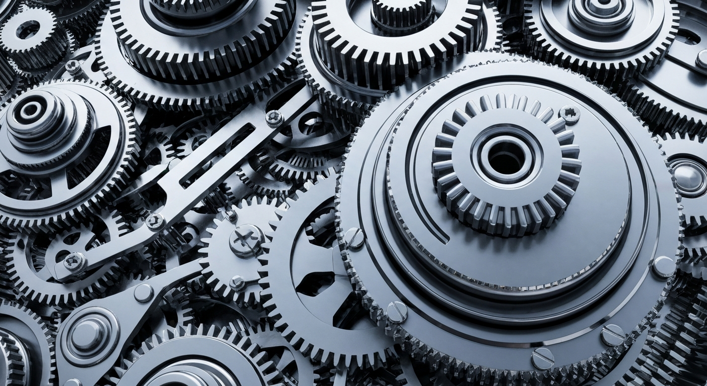 An extreme close-up of intricately designed metal gears and machinery, conveying the complex financial infrastructure that supports the semiconductor industry.