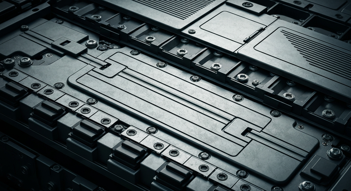 An extreme close-up of the pebbled, metallic surface of an electric vehicle battery pack, rendered in dramatic lighting and rich colors to convey the technical complexity and engineering prowess behind automotive innovation.