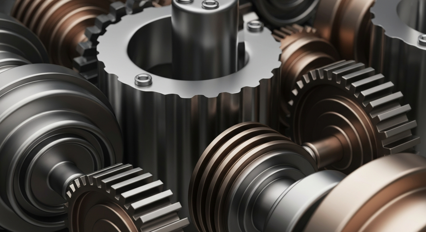 An extreme close-up of intricate, metallic banking machinery and gears, conveying a sense of institutional financial power and security.